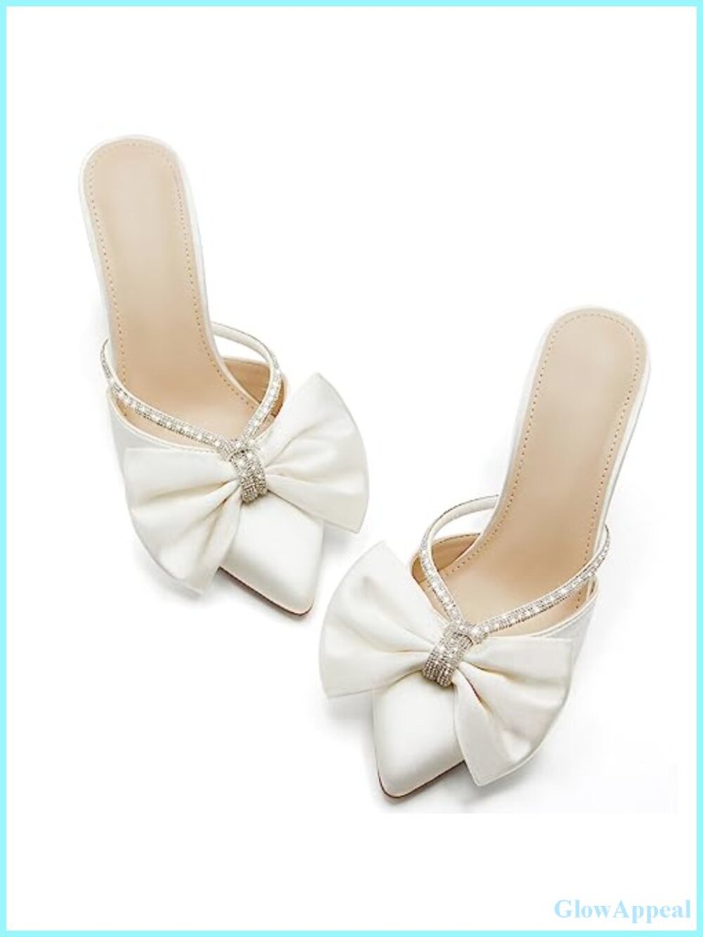 Women's Bow Heels Mules Pointed Toe Rhinestone Satin Backless Wedding Stiletto